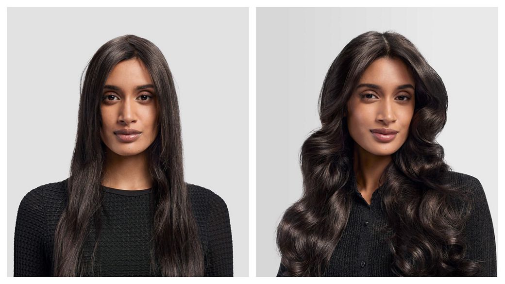 Model with unstyled hair on the left with hair styled using the Dyson Airwrap i.d. multi-styler and dryer on the right.