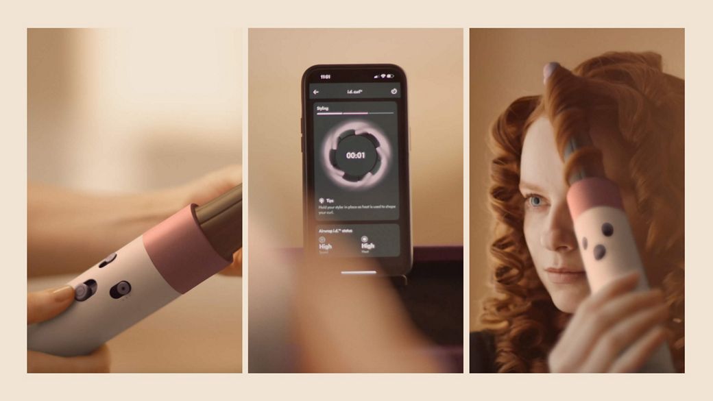 Three images demonstrating how to connect a Dyson Airwrap i.d. multi-styler and dryer to your phone.