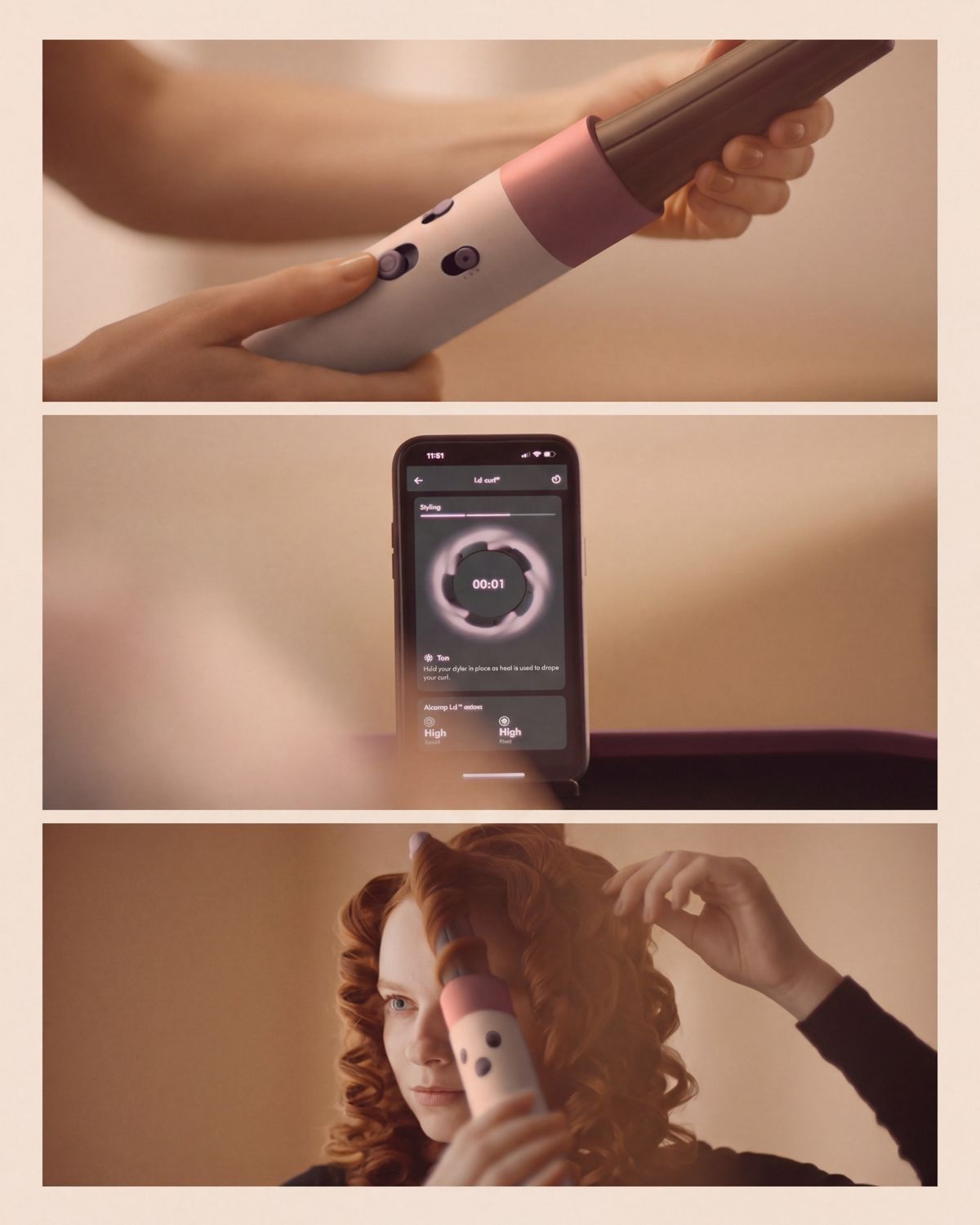 A Dyson Airwrap i.d. multi-styler and dryer is connected to a phone using the MyDyson app and Bluetooth connectivity.