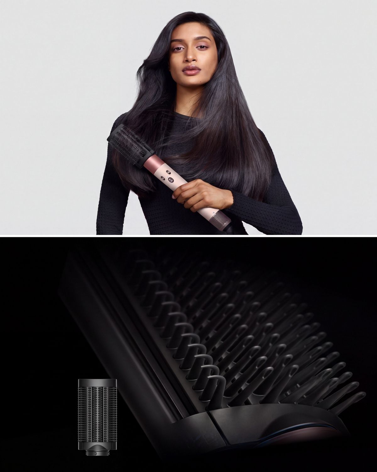 Model with styled hair holding the Dyson Airwrap i.d. multi-styler and dryer and the Anti Snag Loop Brush.