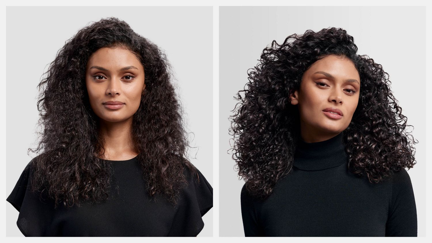 Before and after of a model with their hair curled using the Dyson Airwrap i.d. multi-styler and dryer.