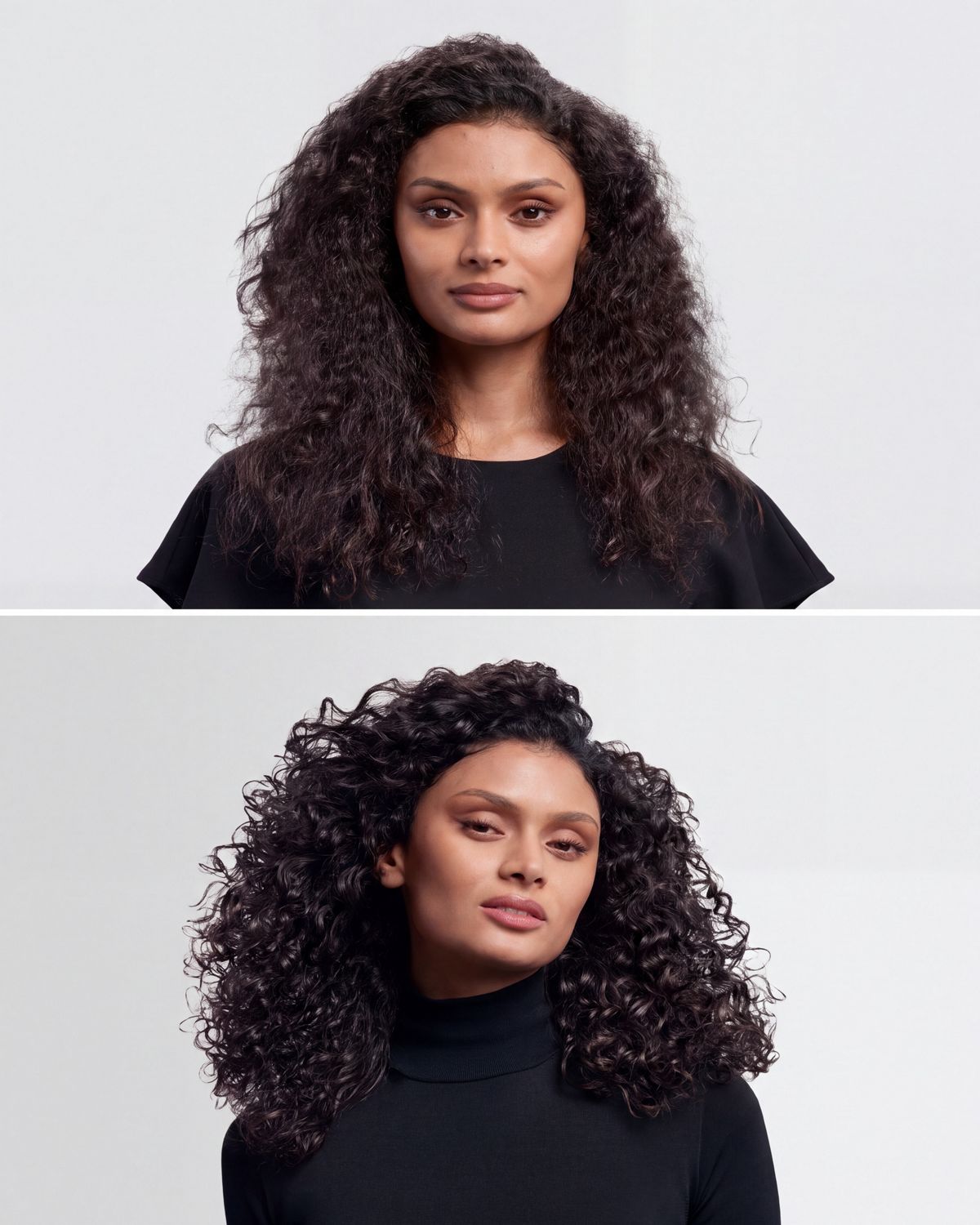 Before and after of a model with their hair curled using the Dyson Airwrap i.d. multi-styler and dryer.