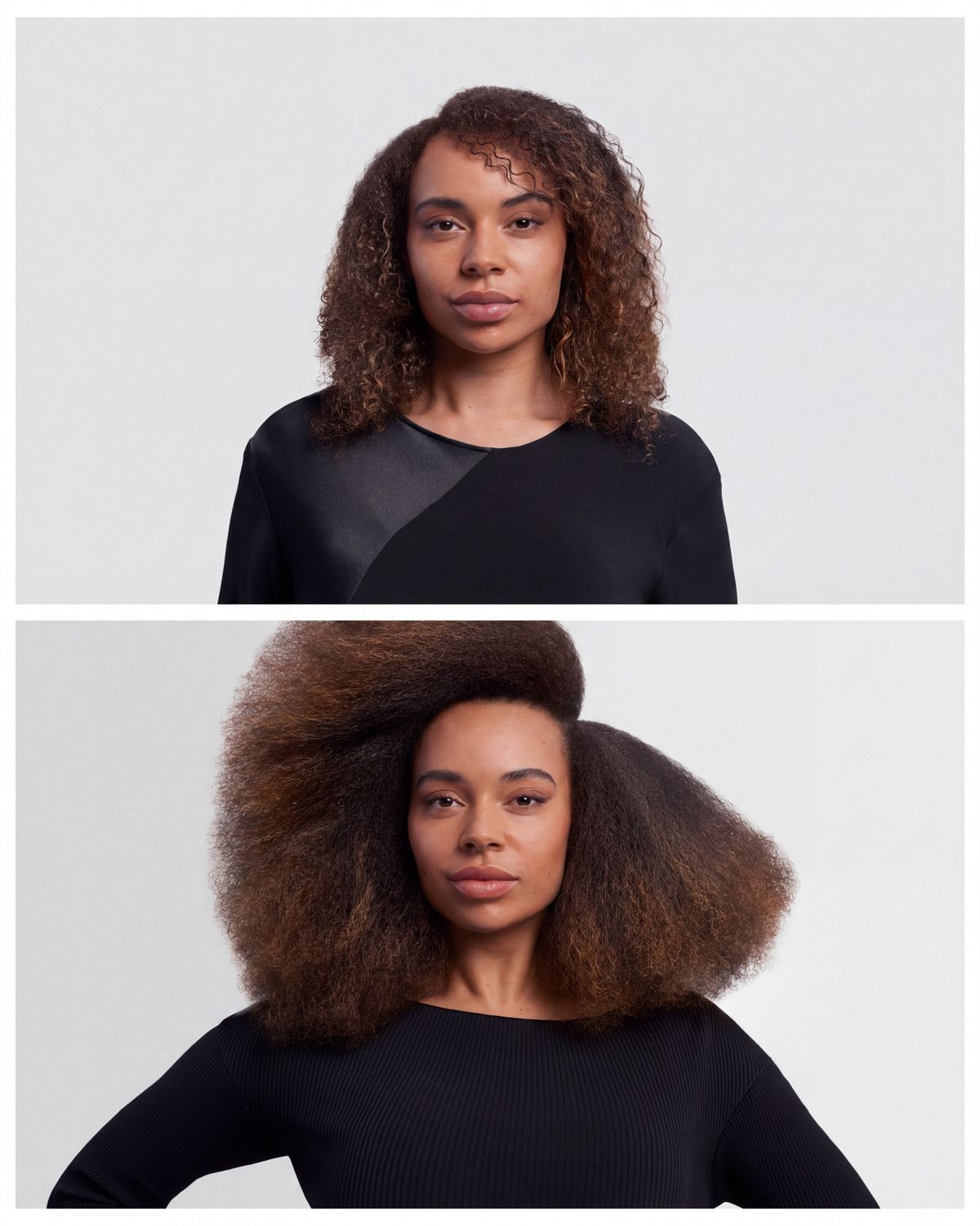 Before and after of a model with their hair styled using the Dyson Airwrap i.d. multi-styler and dryer.