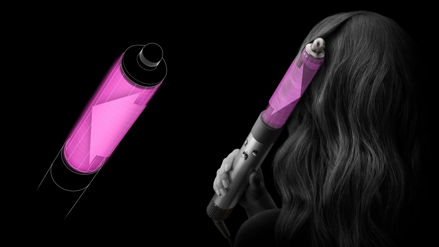Airflow around a conical barrel as a model curls her hair.