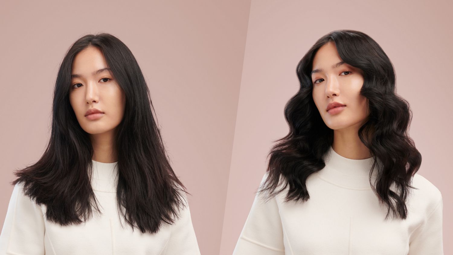 Before and after of a model with hair styled into mermaid waves.