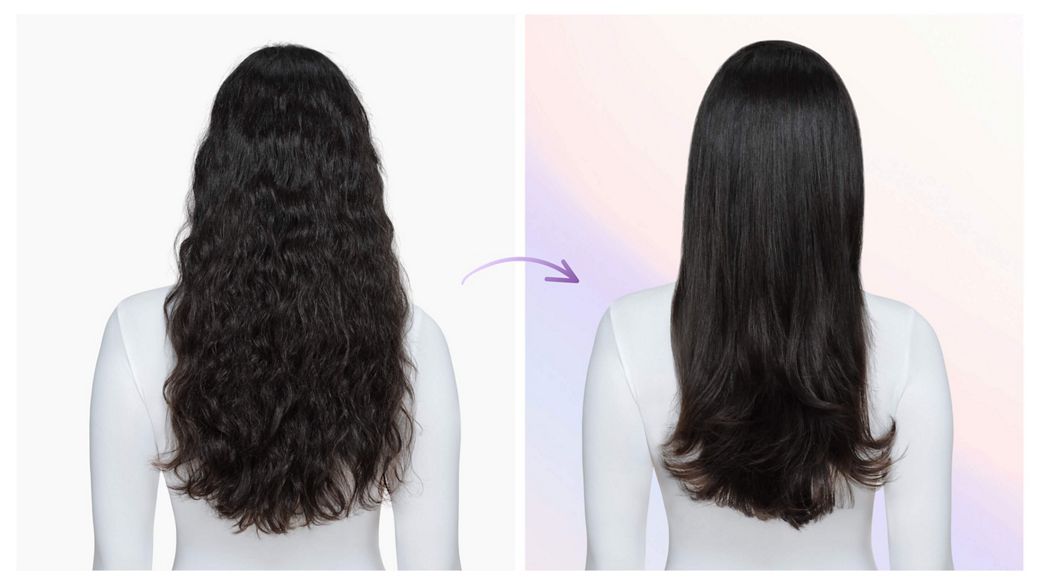 Before and after of wavy hair styled with the Dyson Airsmooth styling brush.
