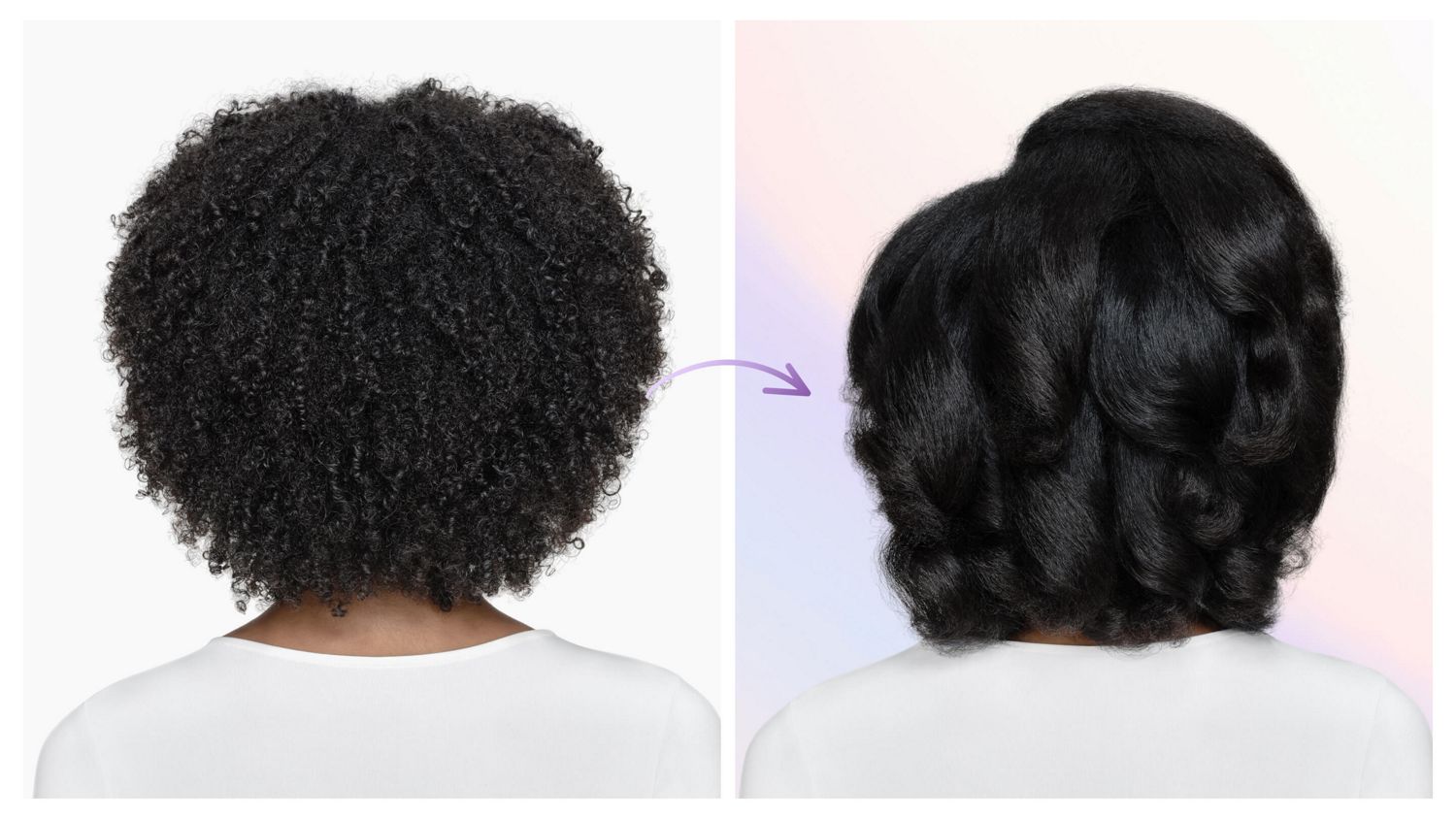 Before and after of coily hair styled with the Dyson Airsmooth styling brush.
