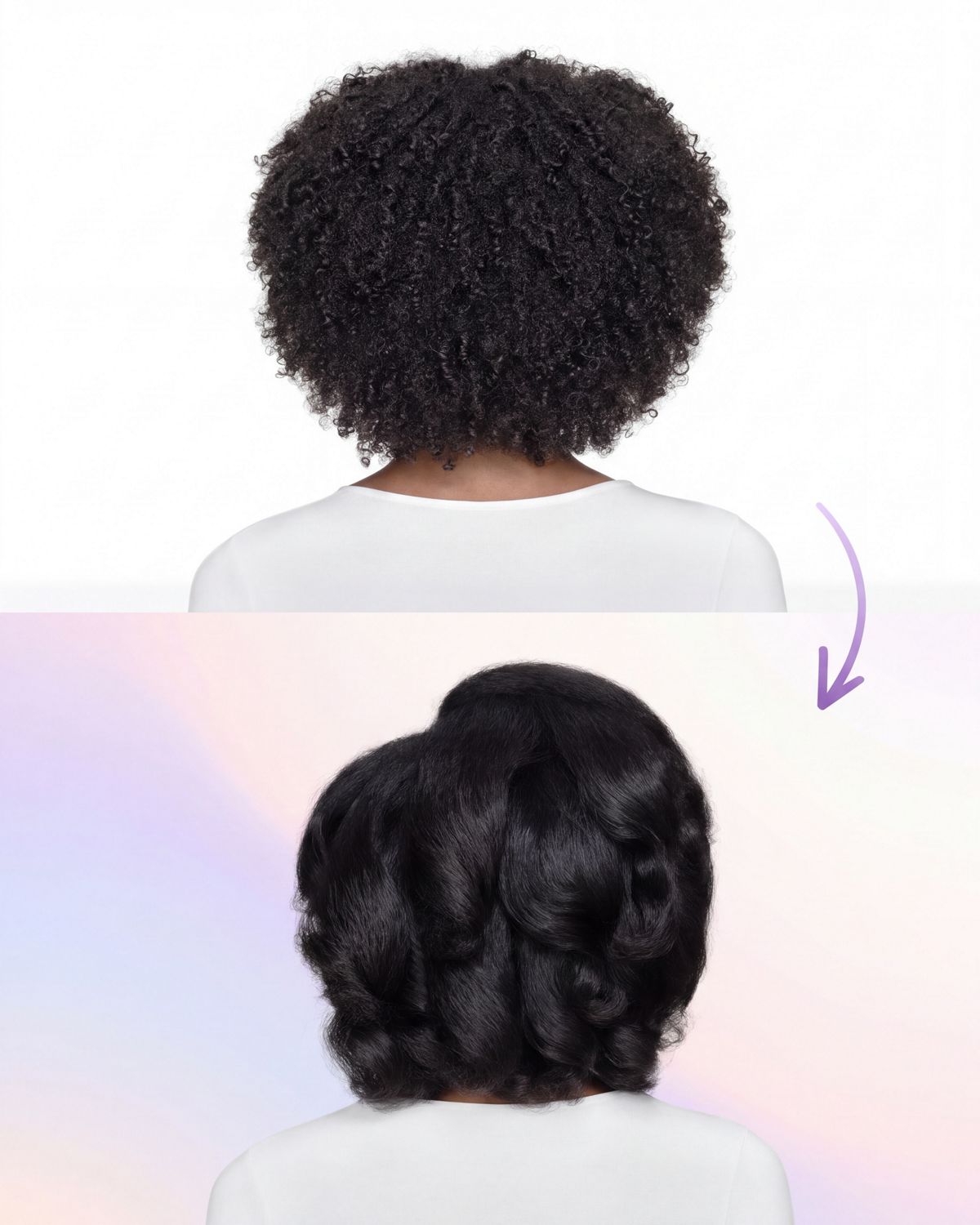 Before and after of coily hair styled with the Dyson Airsmooth styling brush.