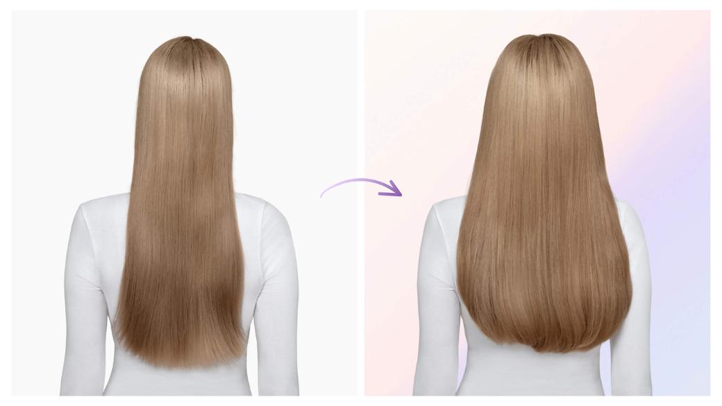 Before and after of straight hair styled with the Dyson Airsmooth styling brush.
