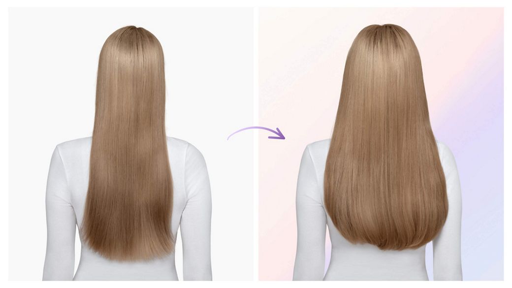 Before and after of straight hair styled with the Dyson Airsmooth styling brush.