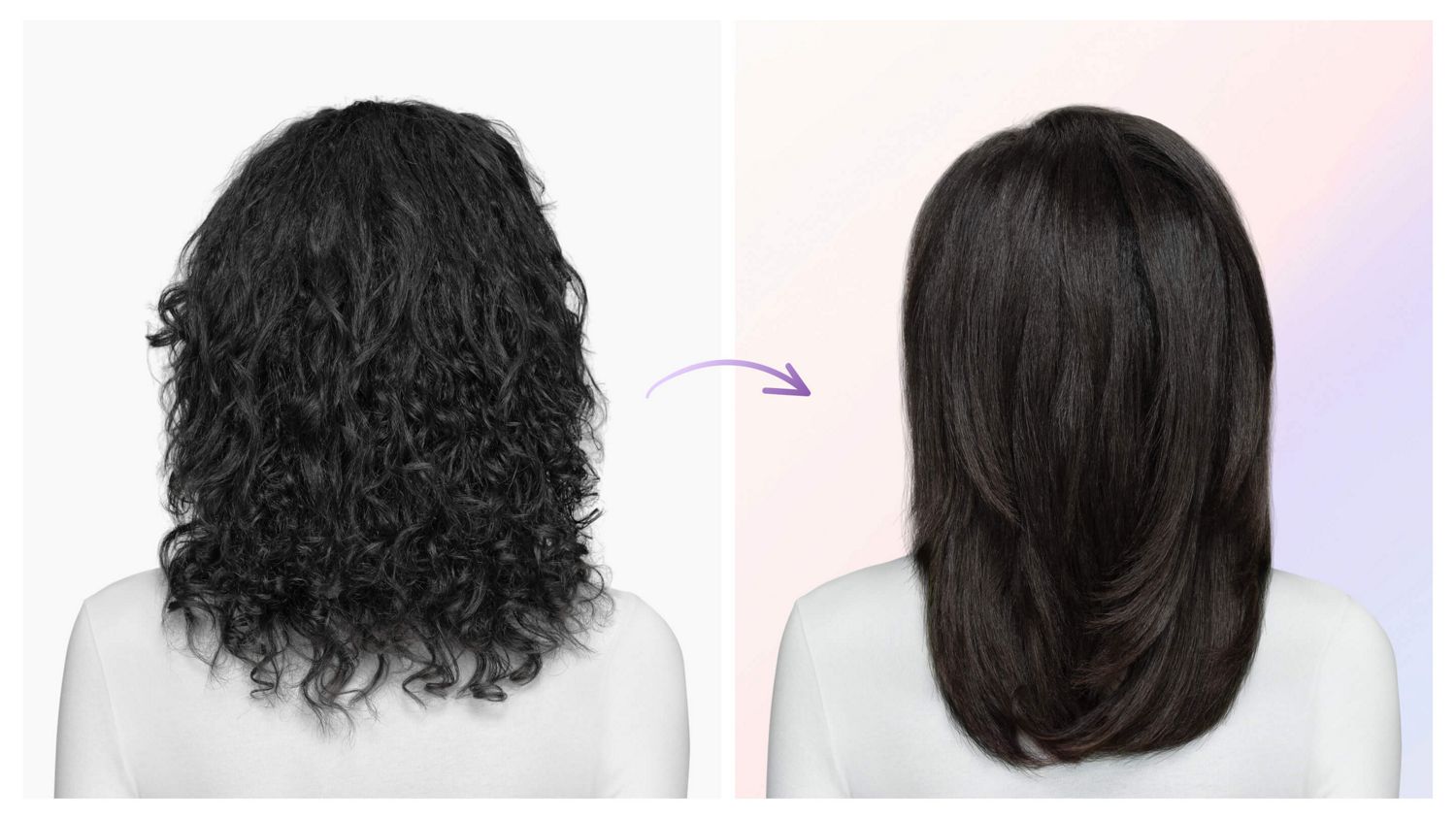 Before and after of wavy hair styled with the Dyson Airsmooth styling brush.