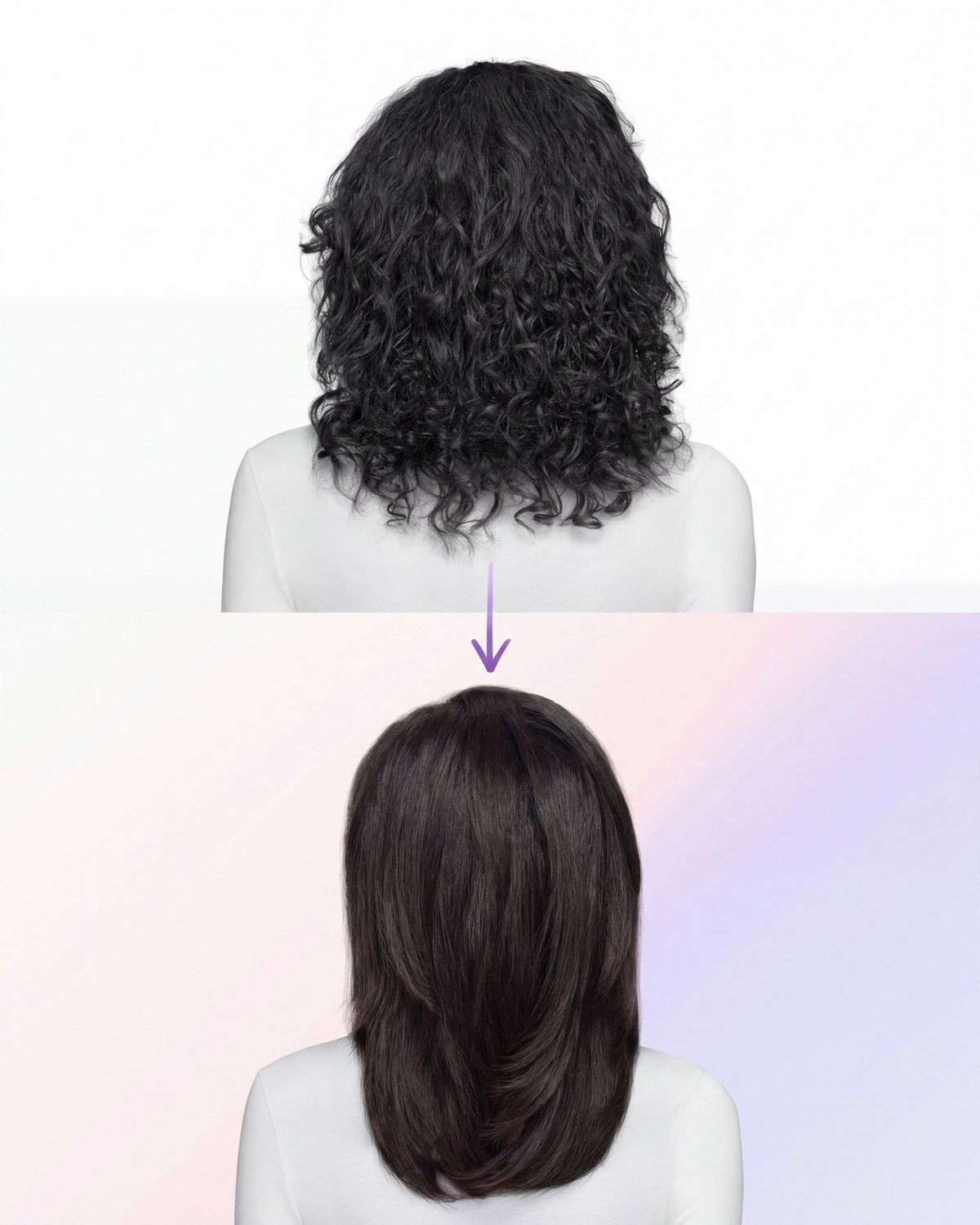 Before and after of wavy hair styled with the Dyson Airsmooth styling brush.