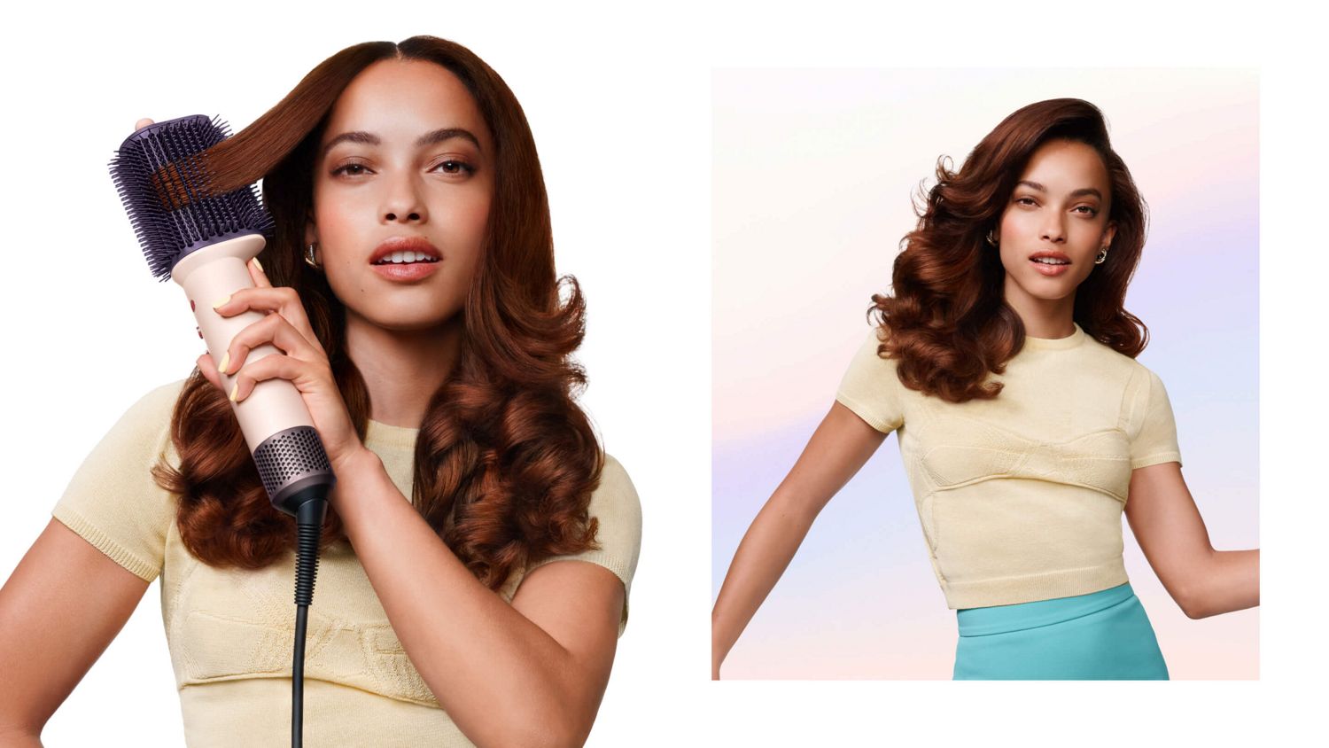 Model shows off her styled hair achieved with the Dyson Airsmooth styling brush.