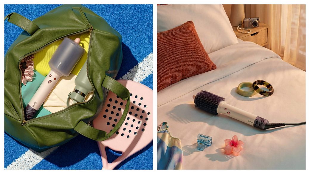 Dyson Airsmooth styling brush in a day bag and on a hotel bed.