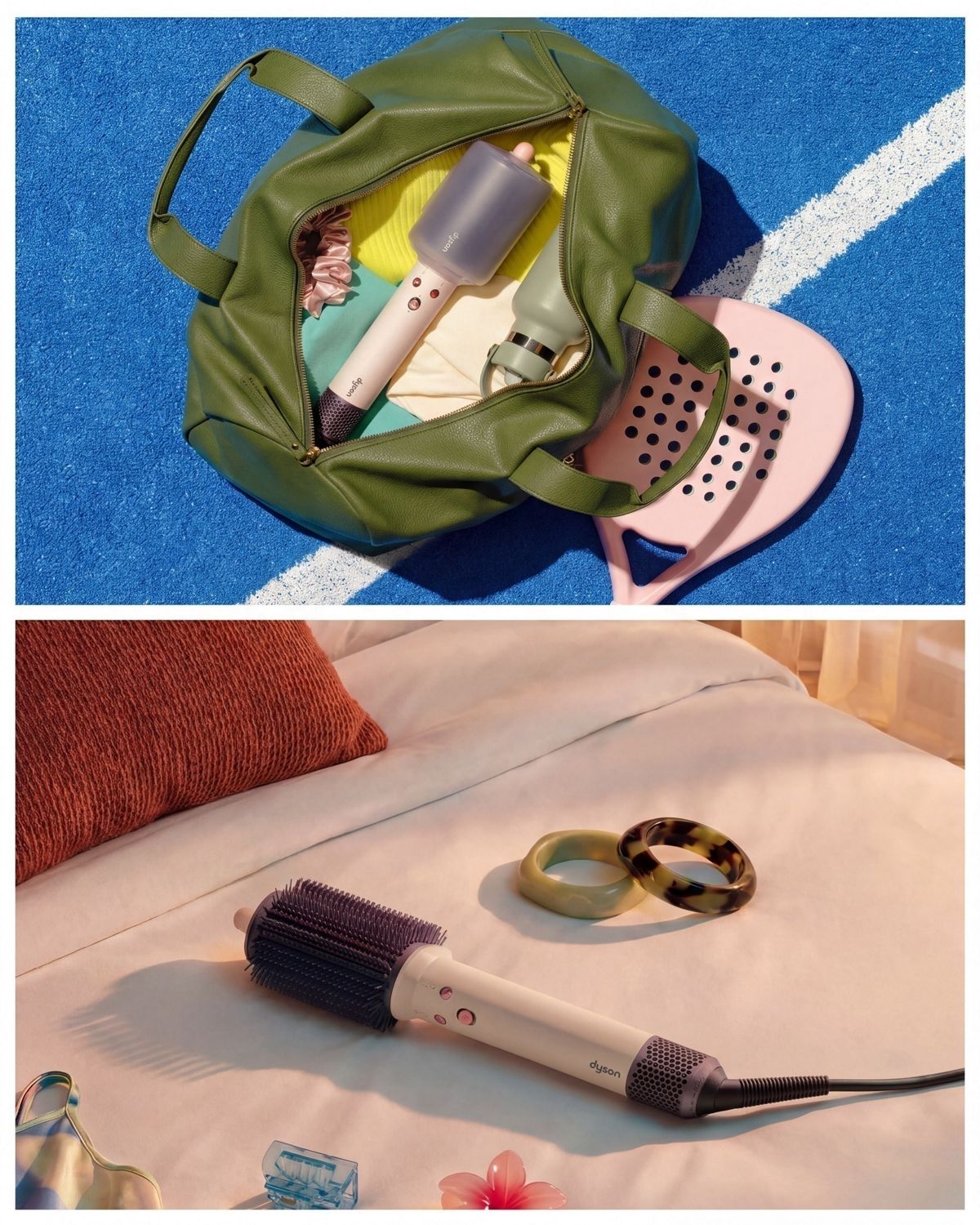 Dyson Airsmooth styling brush in a day bag and on a hotel bed.