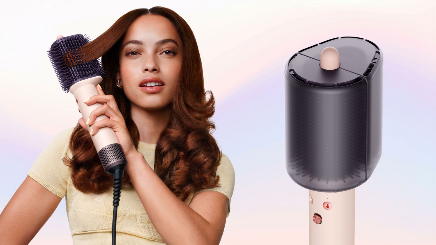 Model styles her hair with the Dyson Airsmooth styling brush next to the Bristle protector attached to the styling brush.