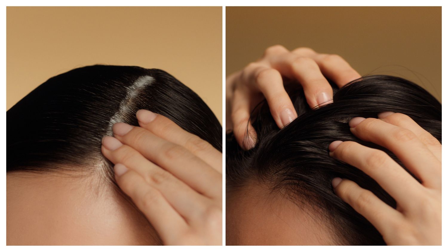 A model massages Dyson Amino leave-in scalp bubble treatment into her hair.