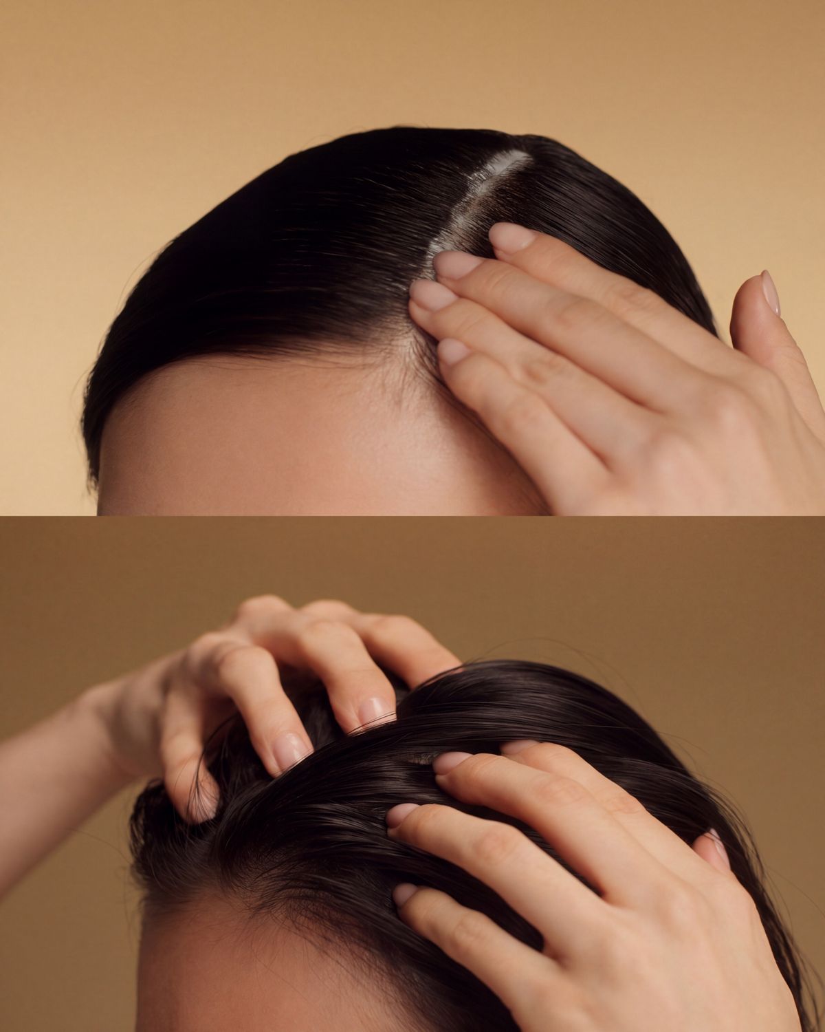 A model massages Dyson Amino leave-in scalp bubble treatment into her hair.