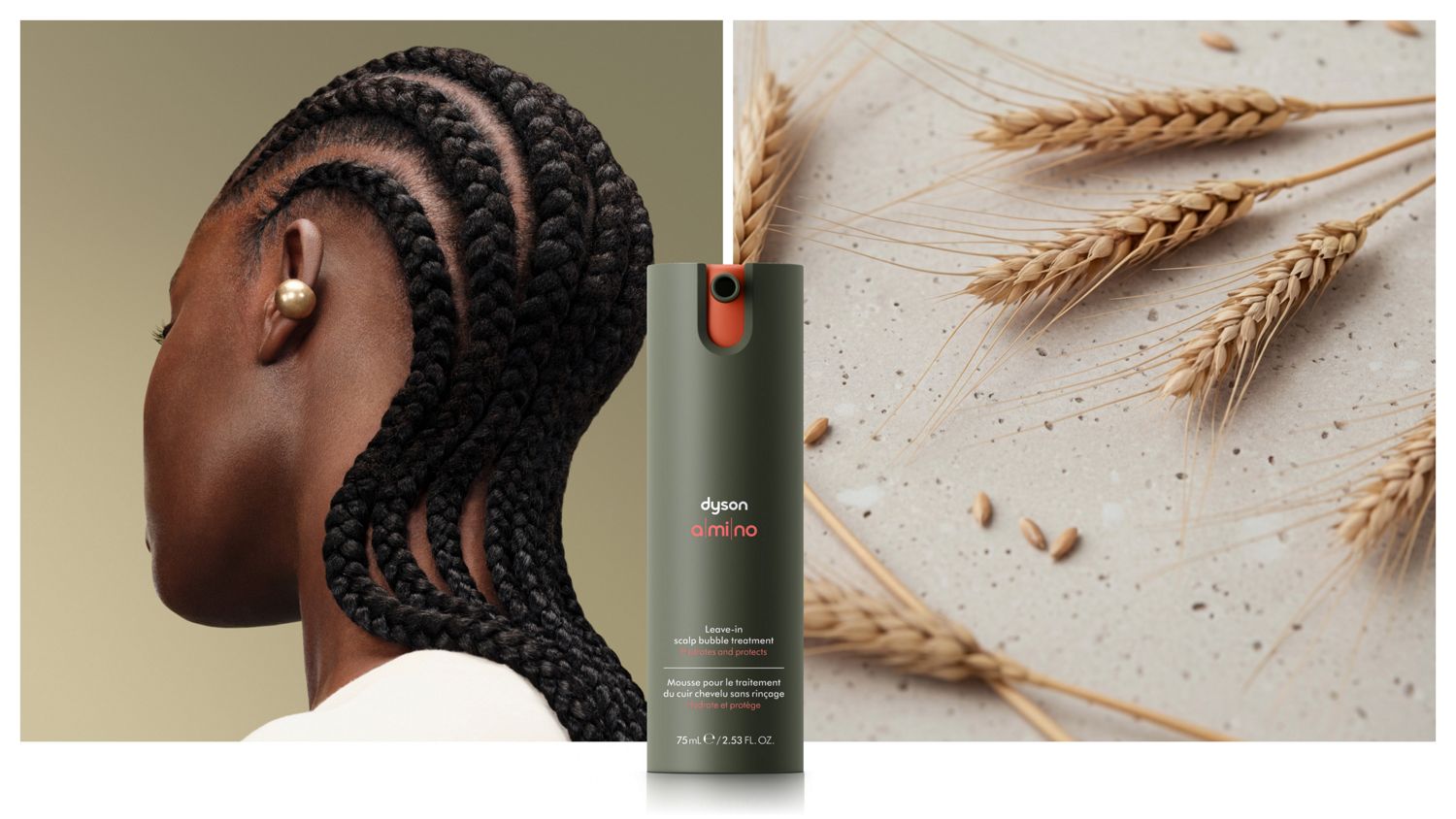 Dyson Amino leave-in scalp bubble treatment in front of a model and stalks of barley.