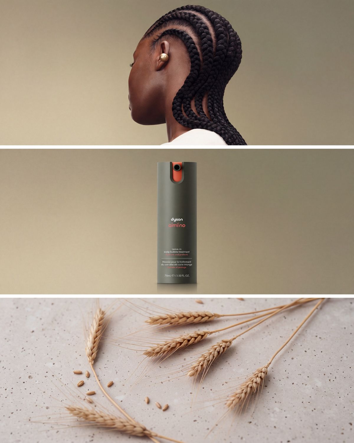 Dyson Amino leave-in scalp bubble treatment in front of a model and stalks of barley.