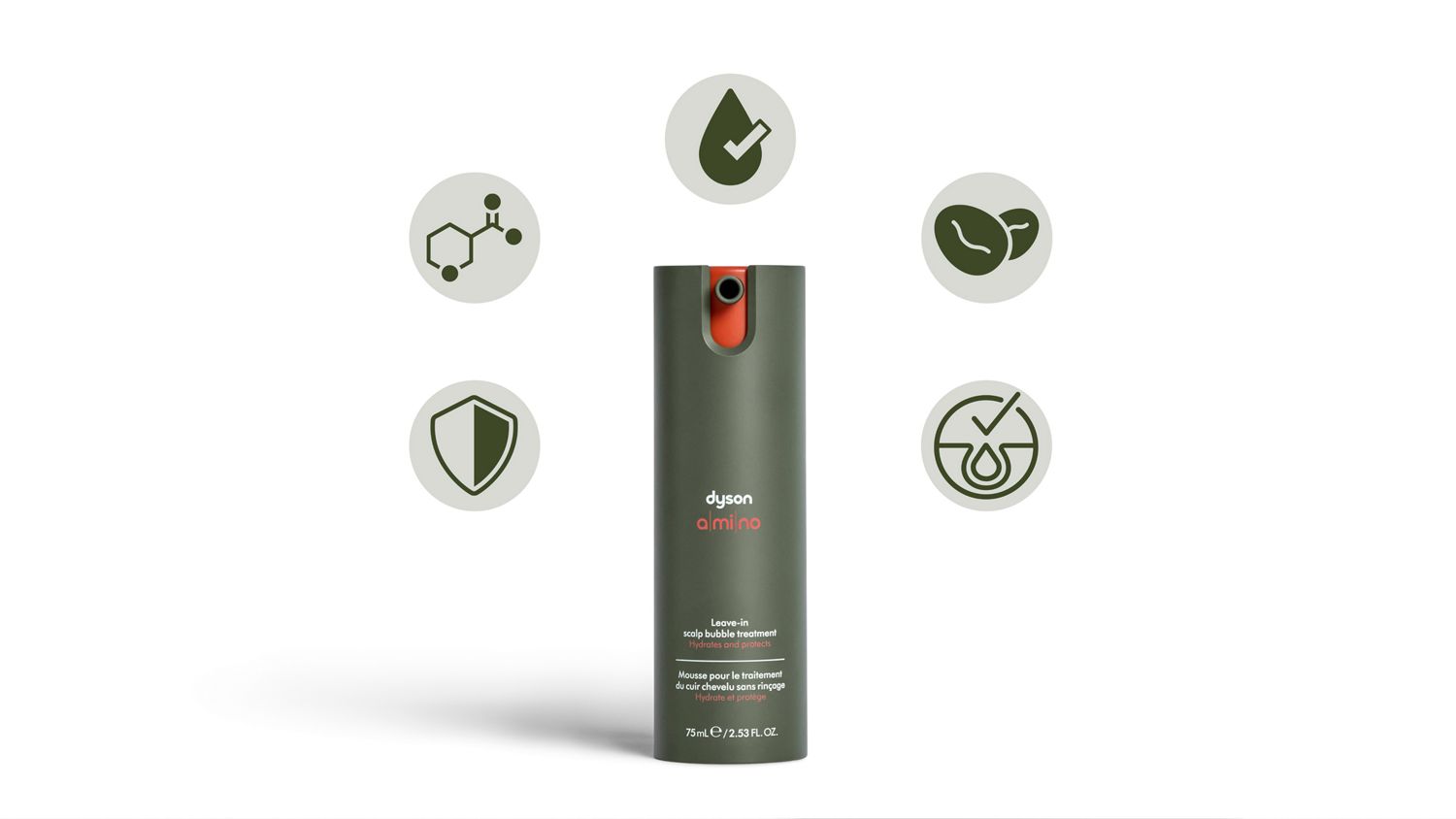 Dyson Amino leave-in scalp bubble treatment surrounded by ingredient icons.