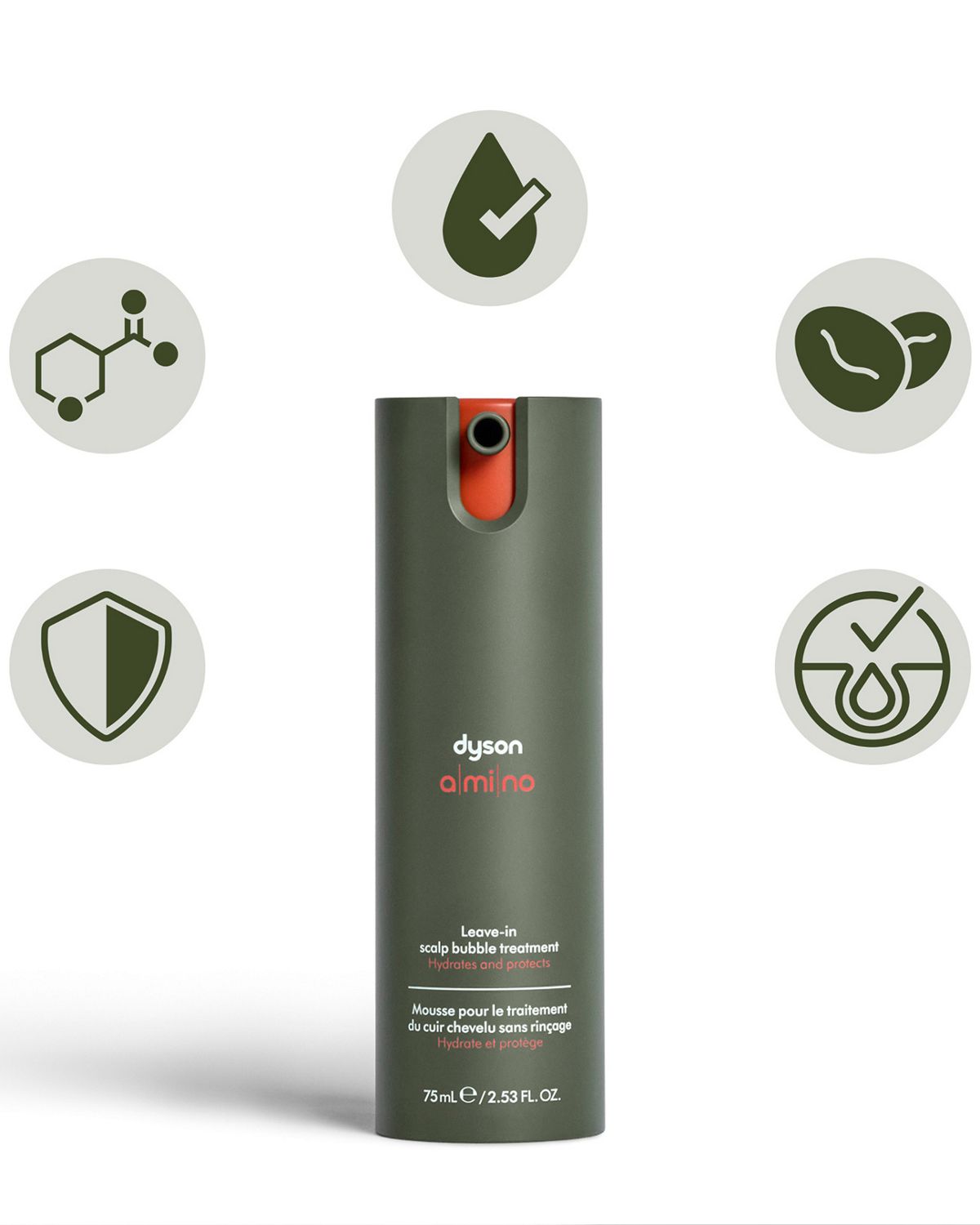 Dyson Amino leave-in scalp bubble treatment surrounded by ingredient icons.