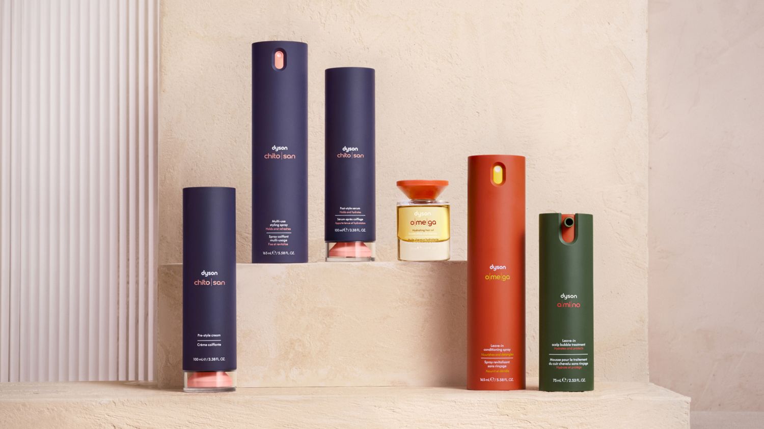 Dyson Chitosan styling range, Omega nourishing range and Amino scalp care.