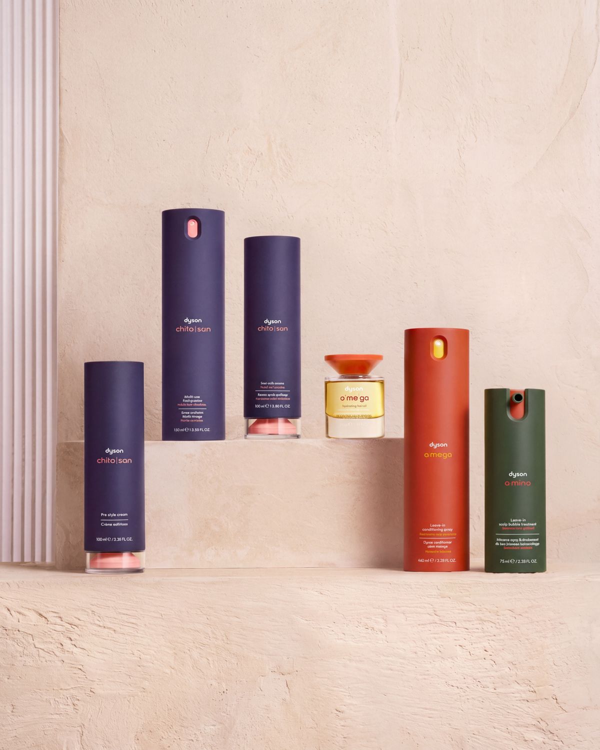 Dyson Chitosan styling range, Omega nourishing range and Amino scalp care.