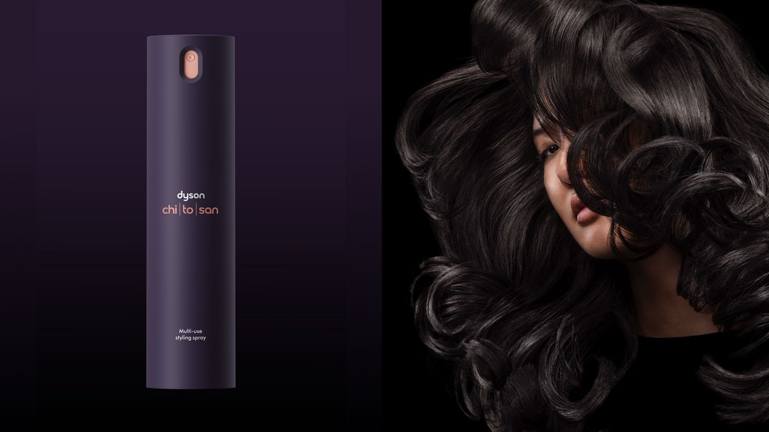 Dyson Chitosan Multi-use styling spray 165ml and a model with shiny black hair styled with Dyson Chitosan products.