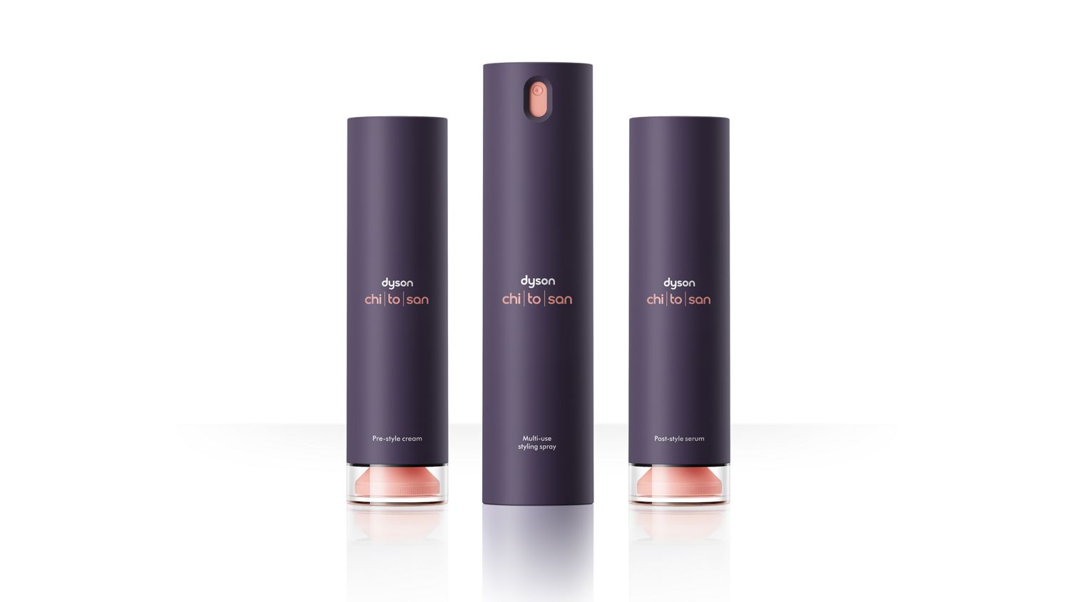 The Dyson Chitosan styling range of Pre-style cream, Post-style serum and Multi-use styling spray.