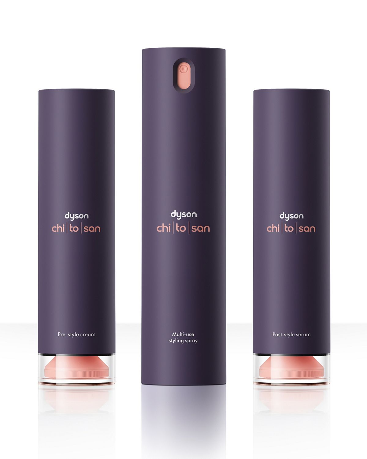 The Dyson Chitosan styling range of Pre-style cream, Post-style serum and Multi-use styling spray.