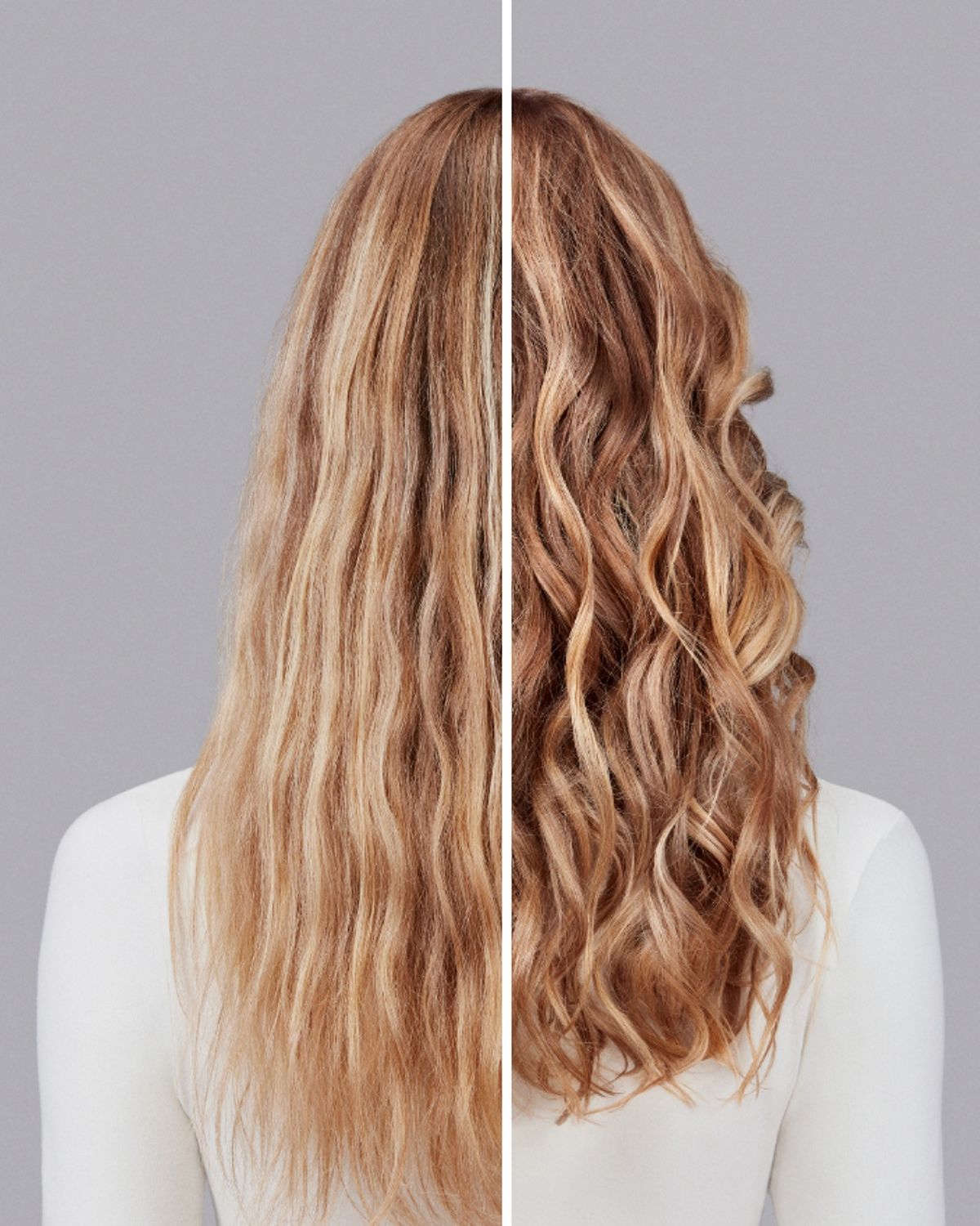 Dyson Chitosan styling range before and after results on wavy blonde hair.