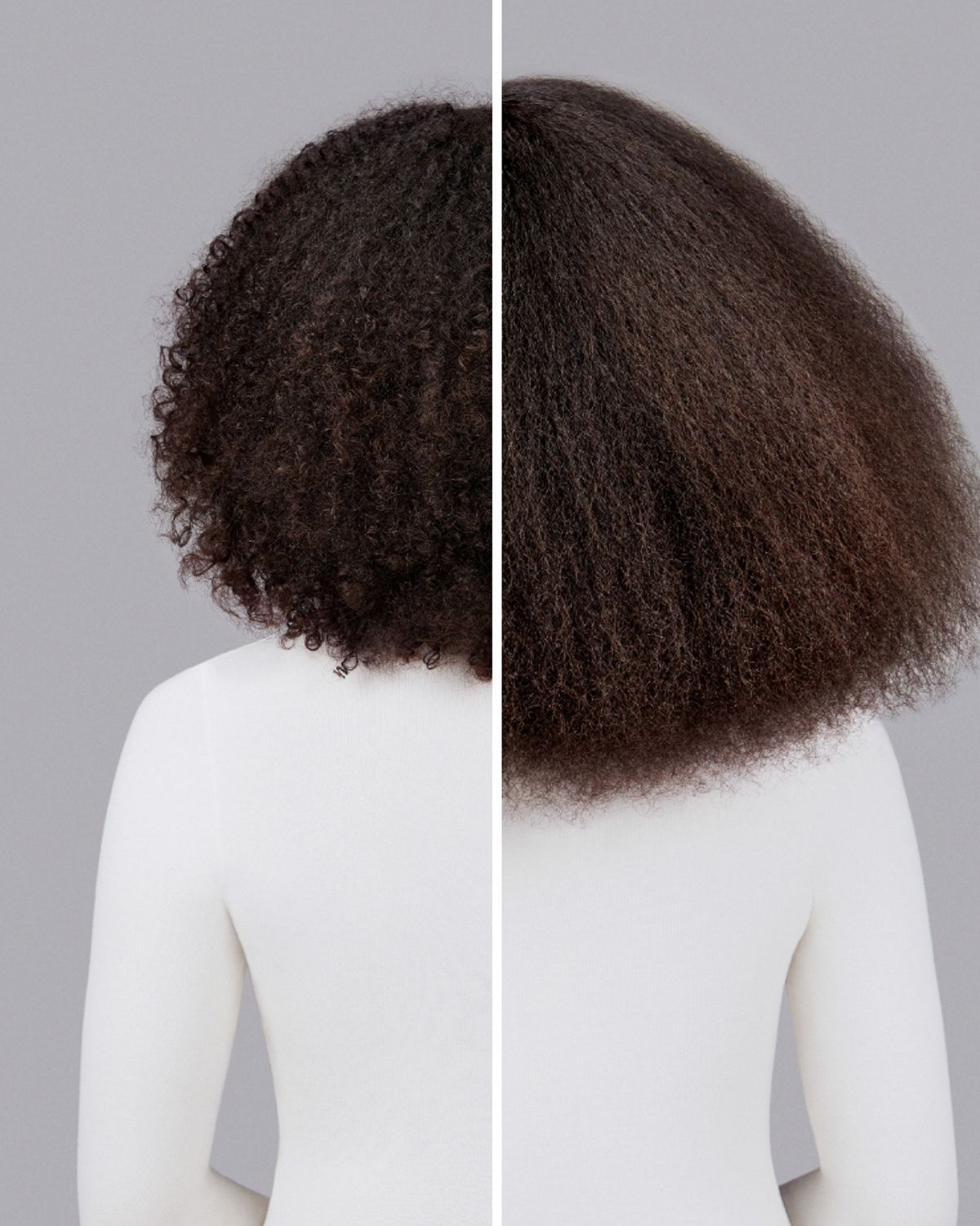 Dyson Chitosan styling range before and after results on brown coily hair.