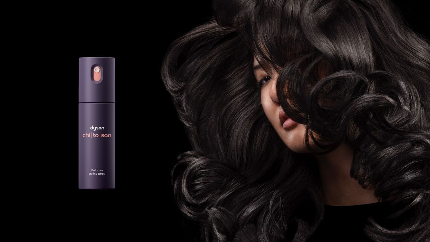 Dyson Chitosan Multi-use styling spray and a model with shiny black hair styled with Dyson Chitosan products.