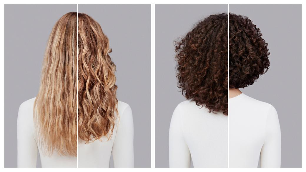 Before and afters of wavy and curly hair styled with Dyson Chitosan Multi-use styling spray.
