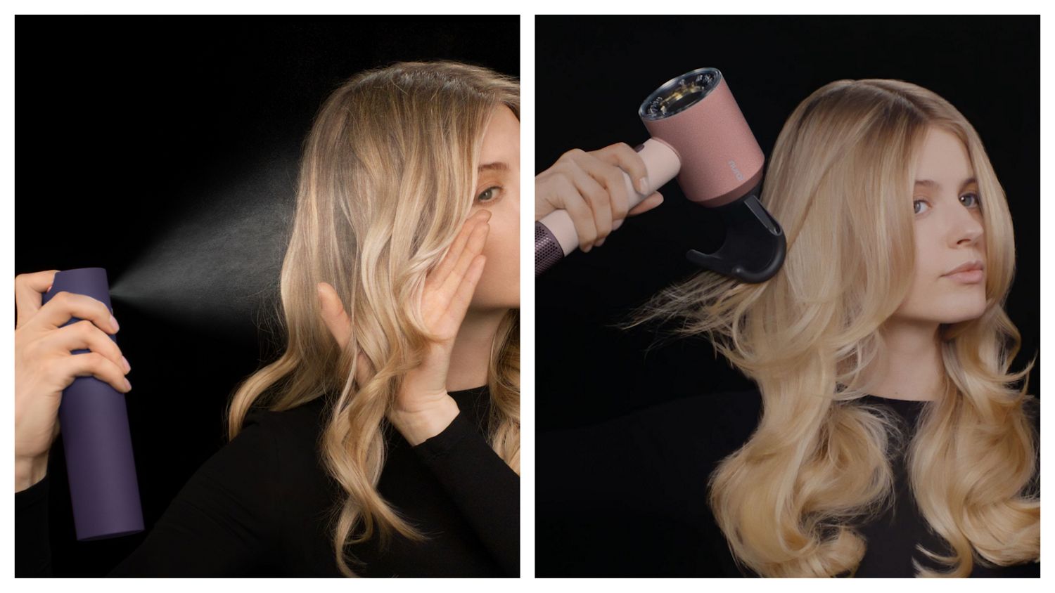Blonde mode sprays Dyson Chitosan Multi-use styling spray onto her hair and then dries with the Supersonic Nural hair dryer.