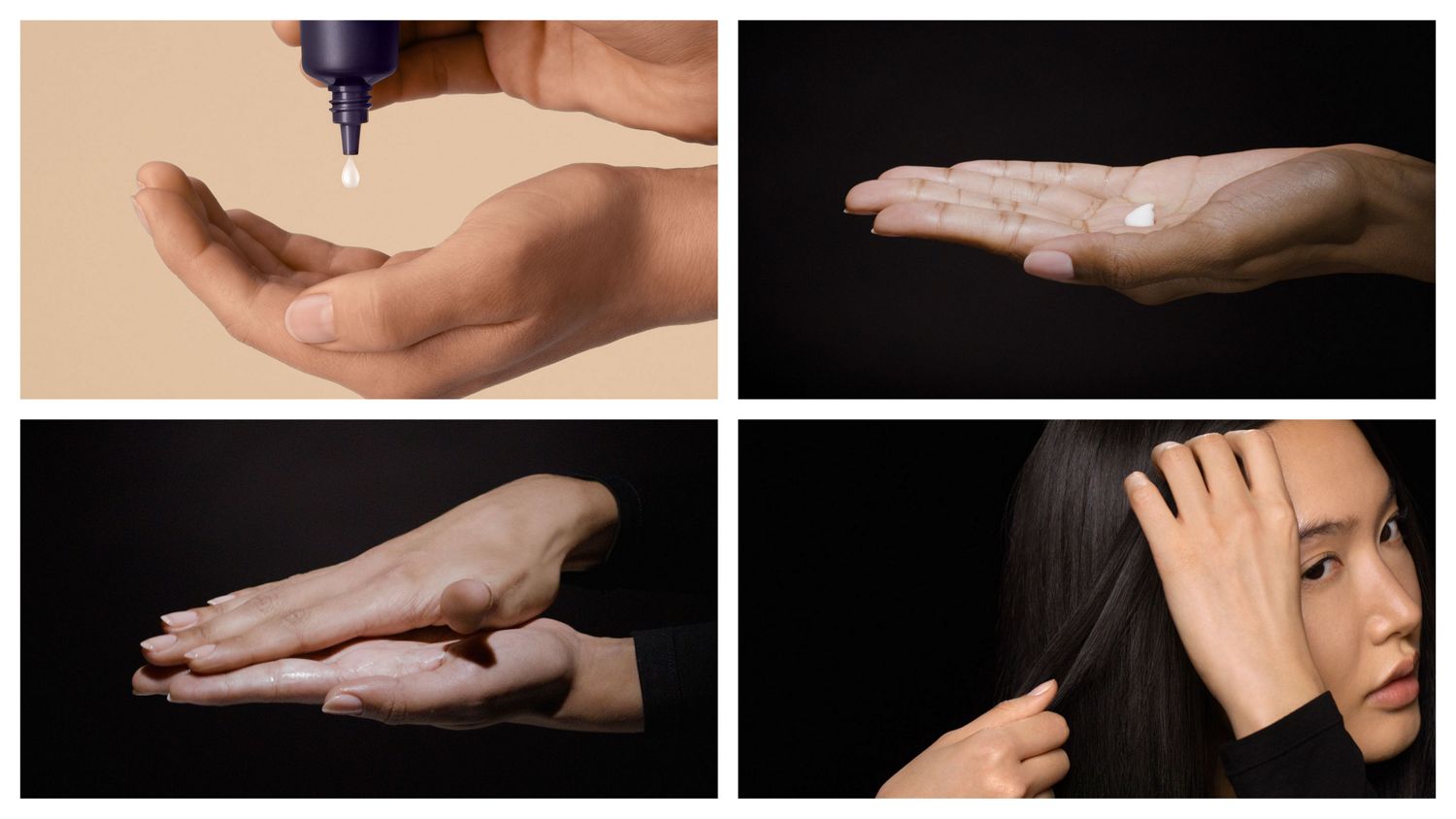 Steps to apply Dyson Chitosan Post-style serum, dispense into palm and rub hands together, then work into hair.