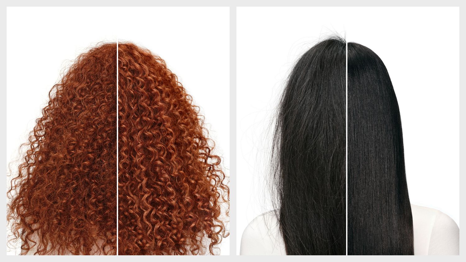 Before and after of models with curly and straight hair styled with Dyson Omega products.