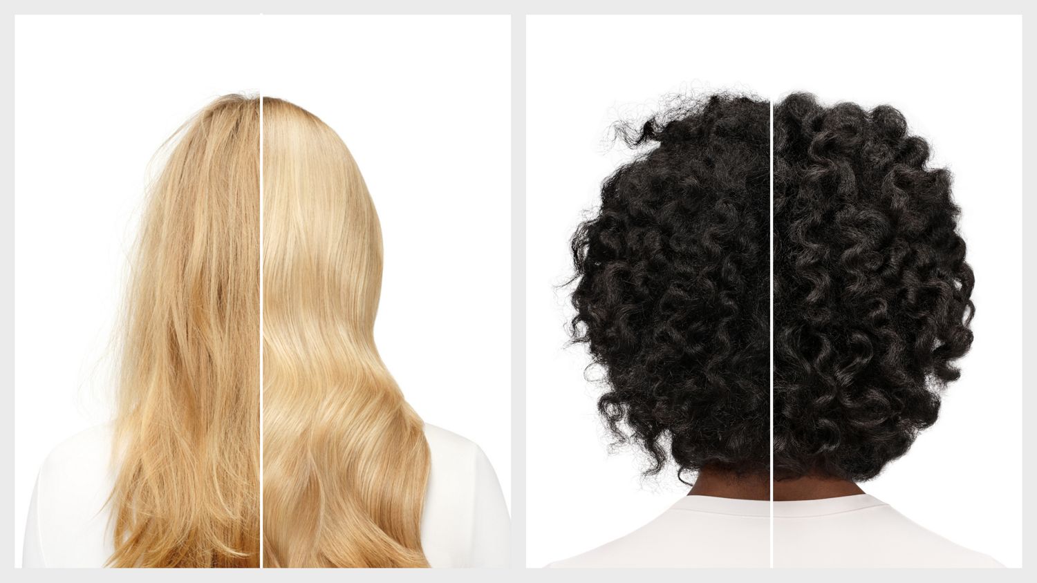 Before and after of models with wavy and coily hair styled with Dyson Omega products.