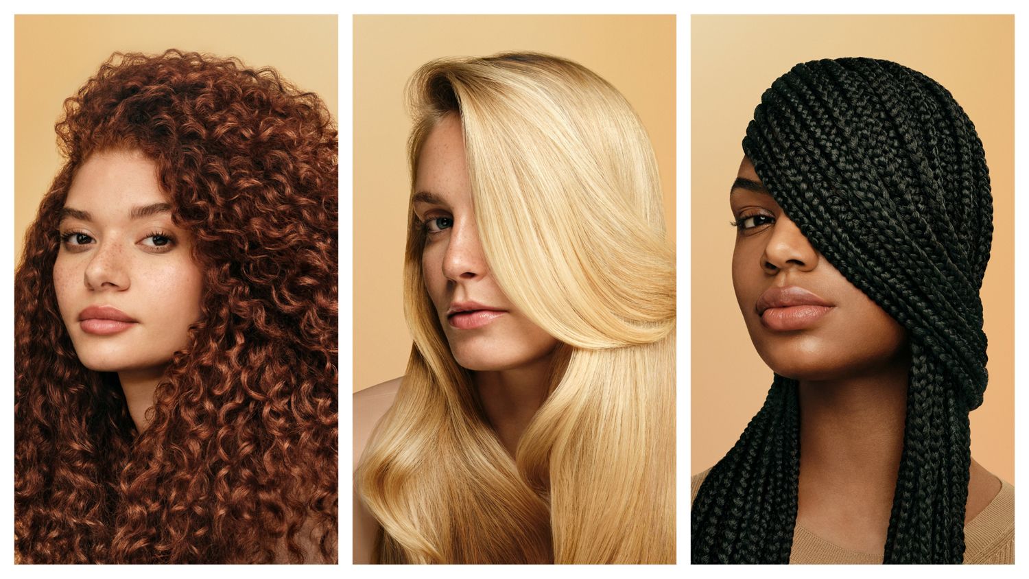 Models with different hair types showing off their hair nourished with the Dyson Omega range.