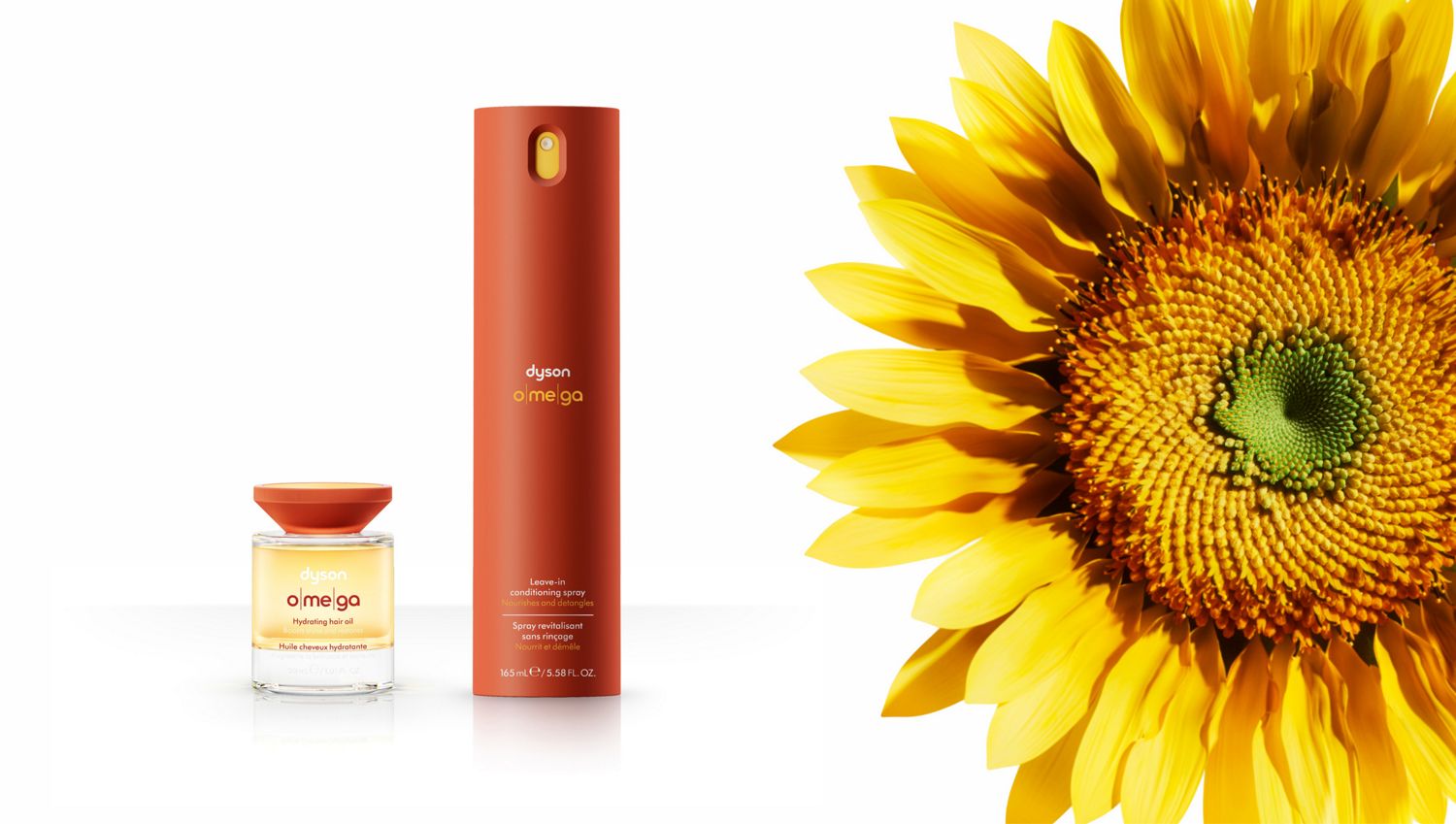 The Dyson Omega nourishing range next to the head of a sunflower.