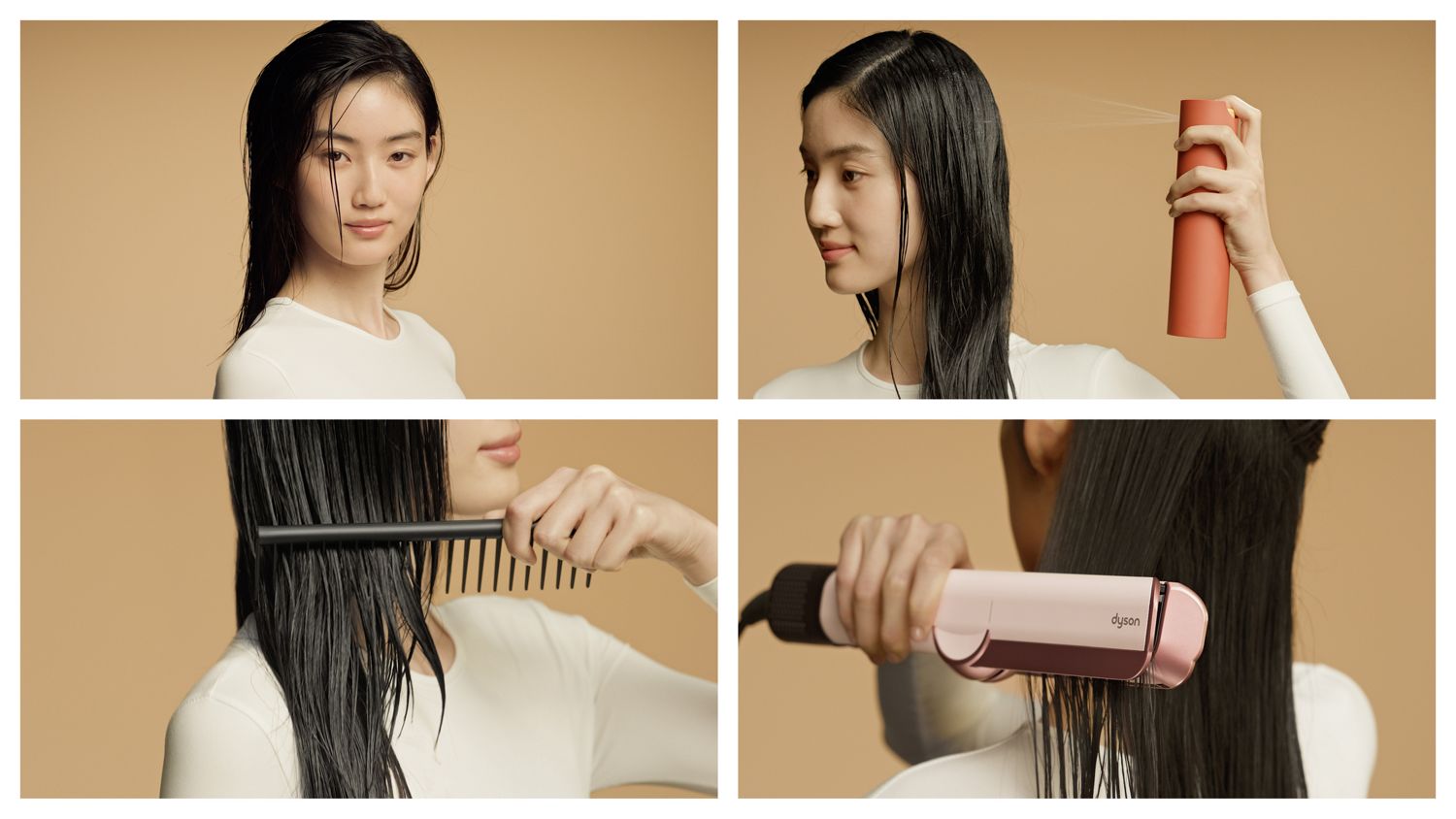 4 images découpés pour expliquer l'utilisation du Dyson Airstrait