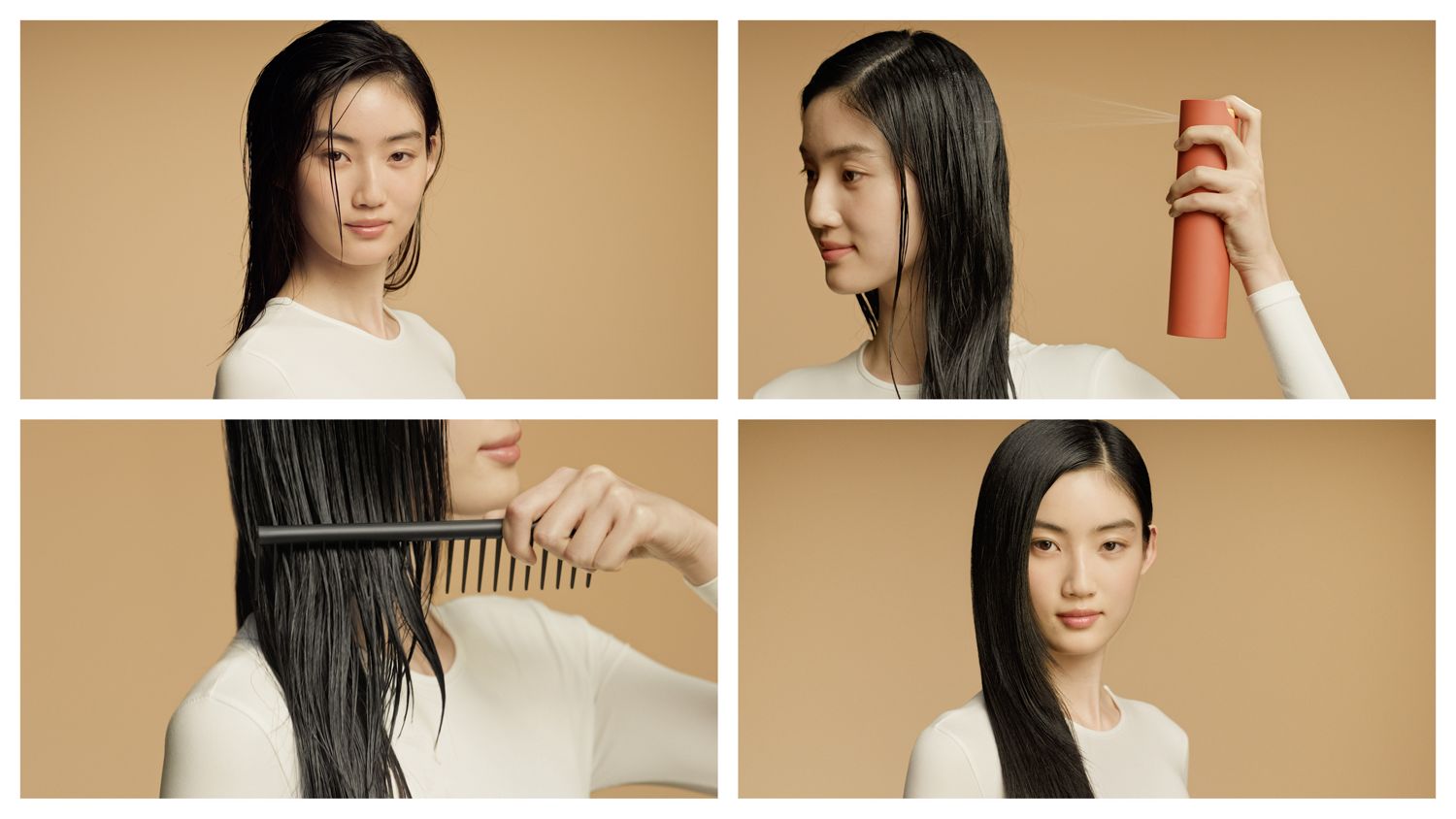 Steps to use the Dyson Omega leave-in conditioning spray, spray onto damp hair and comb through.