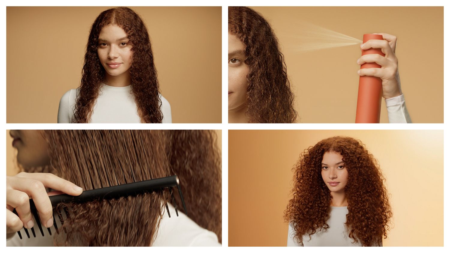 Steps to use the Dyson Omega leave-in conditioning spray, spray onto damp hair and comb through.