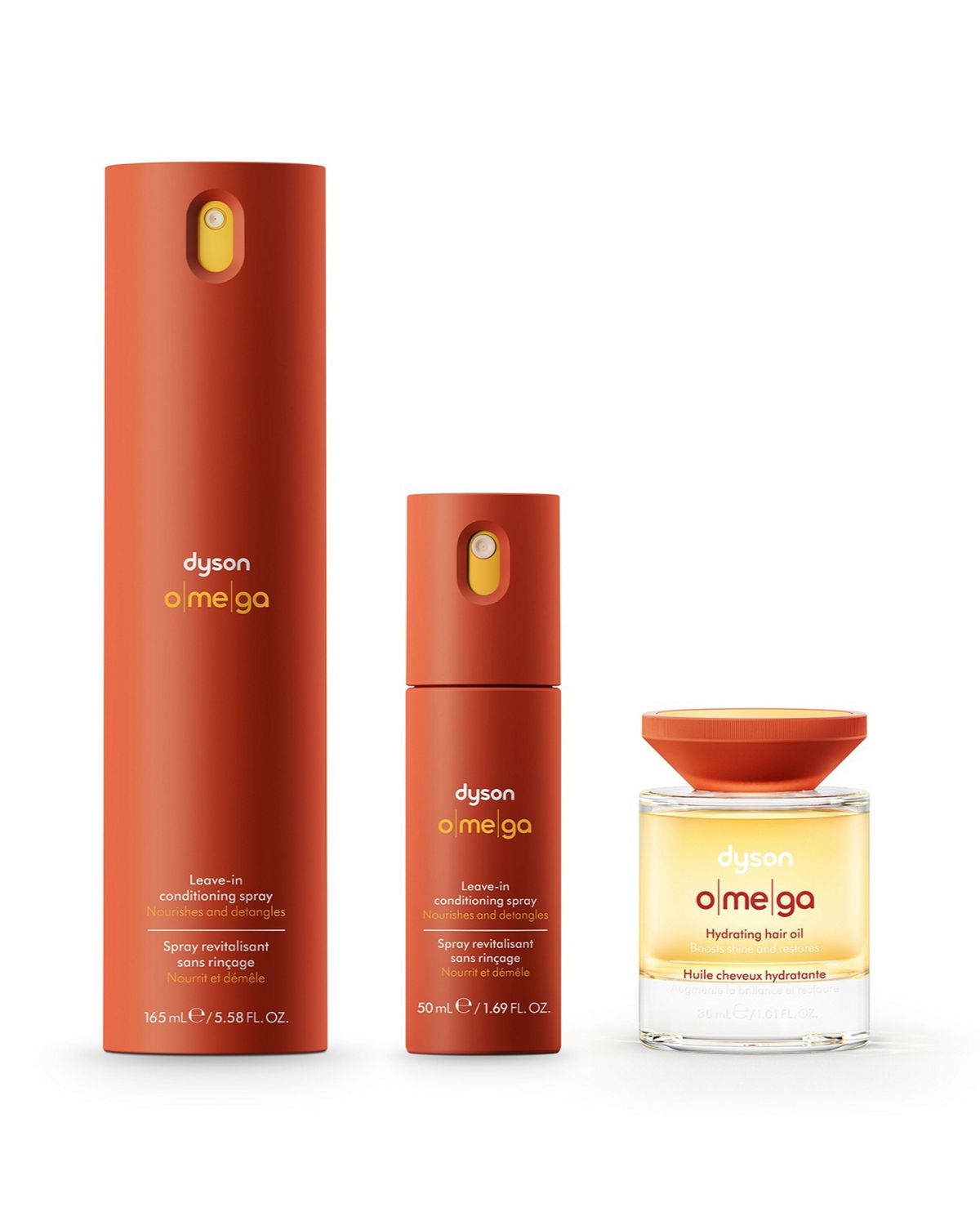 The Dyson Omega nourishing range of full size and travel mini products.