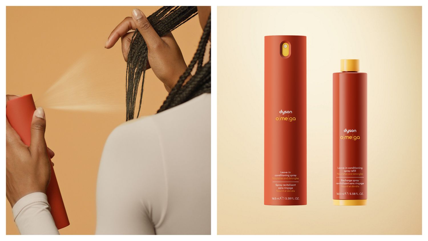 The Dyson Omega leave-in conditioning spray and refill next to a model applying the spray to her hair.
