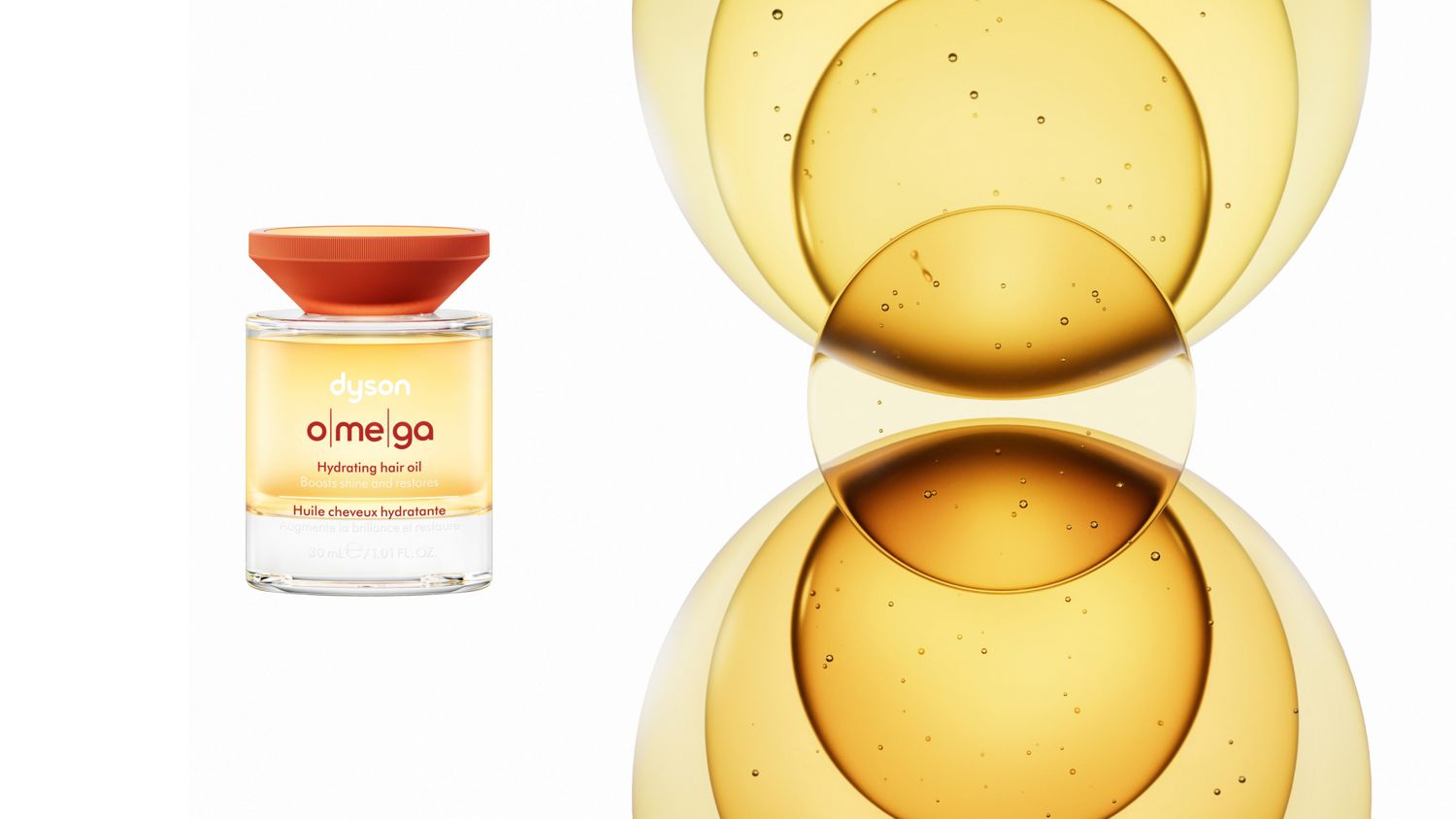 The Dyson Omega hydrating hair oil next to circles of oil representing the Oli7 blend.