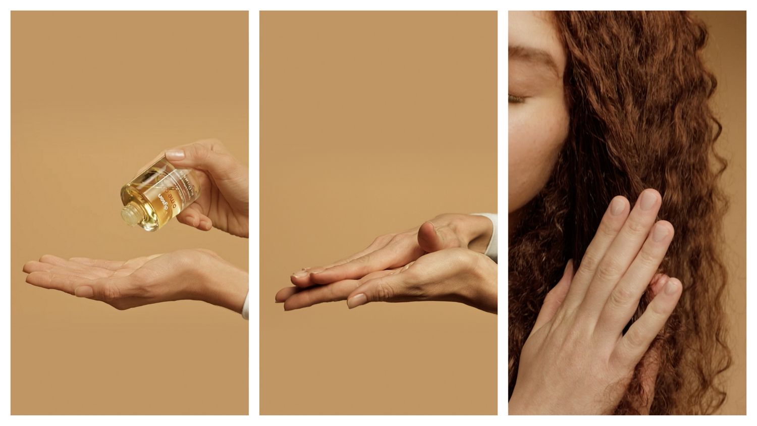 Steps to use the Dyson Omega hydrating hair oil, apply 1-2 drops to hands and smooth into hair, apply more oil as needed.