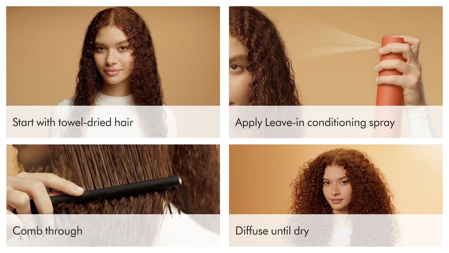 Steps to use the Dyson Omega leave-in conditioning spray, spray onto damp hair and comb through.