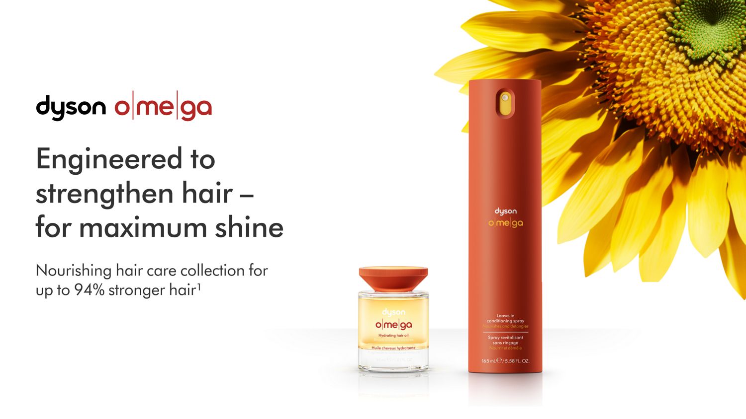 The Dyson Omega nourishing range next to the head of a sunflower.
